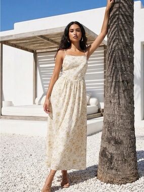 Japna Cream Midi  Dress with Gold Floral Print